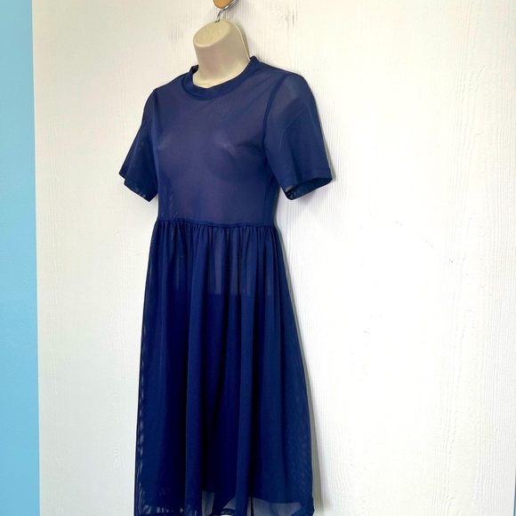 H&M - Dark Blue Crewneck Mesh Short Sleeve See Thru Midi Dress Size 2 - Picture 5 of 9